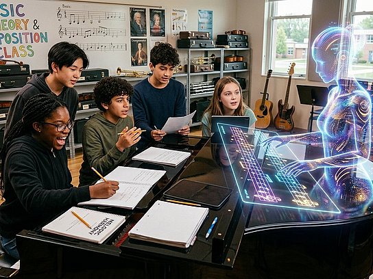 fünf Schüler*innen der 8. Klasse arbeiten freudig an eigenen Musikkompositionen in einem Musikraum, während eine visualisierte KI am gegenüberliegenden Klavier für sie spielt