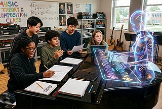 fünf Schüler*innen der 8. Klasse arbeiten freudig an eigenen Musikkompositionen in einem Musikraum, während eine visualisierte KI am gegenüberliegenden Klavier für sie spielt